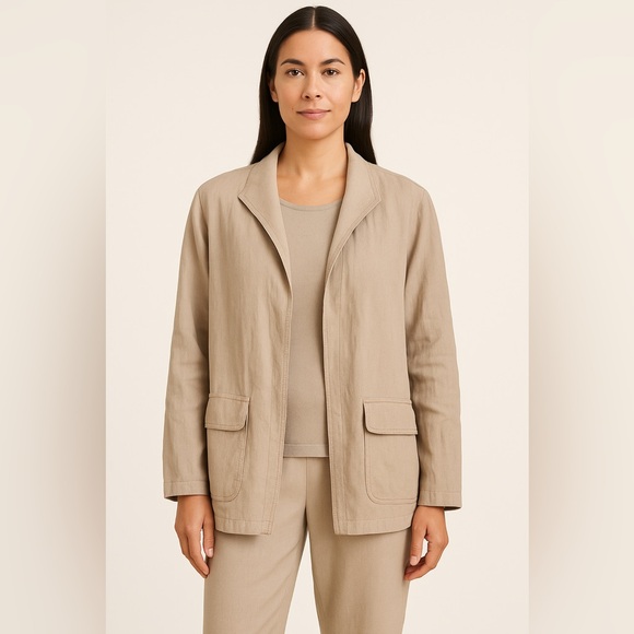 Eileen fisher Khakis linen blend Waterfall Open Front Blazer Sz 1X Front pockets